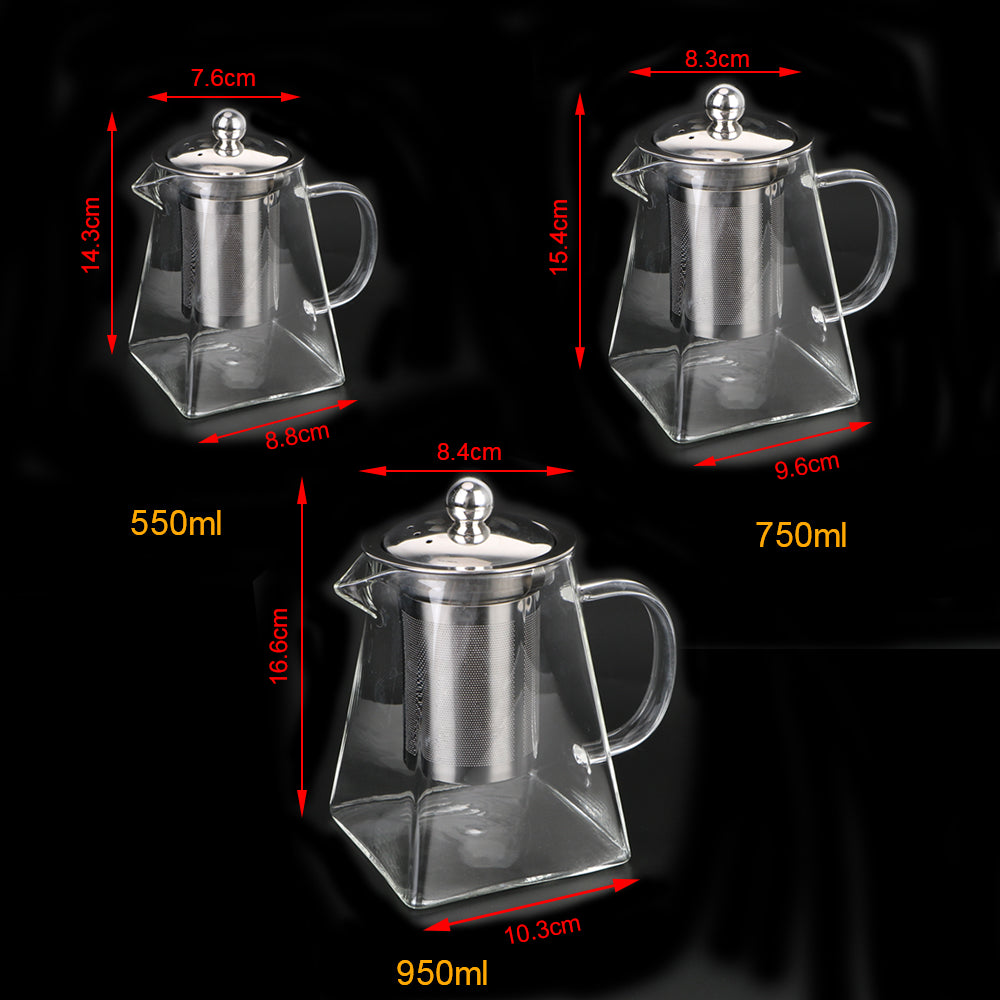 Glass Teapot with Stainless Steel Infuser – 550/750/950ML Heat-Resistant Clear Teaware, Household Tea Kettle with Infuser