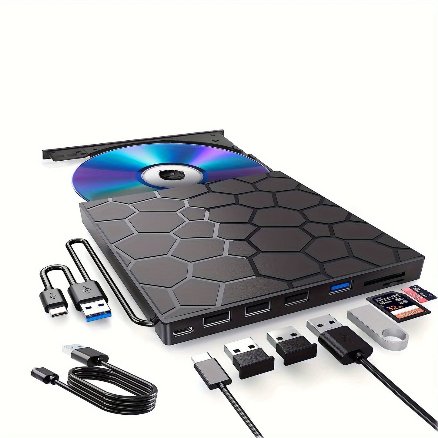 8-in-1 Ultra-Slim Portable External CD/DVD Drive – High-Speed USB 3.0 DVD Player and CD Burner for Laptop and Desktop – Compatible with Mac, Windows 11/10/8/7, Linux