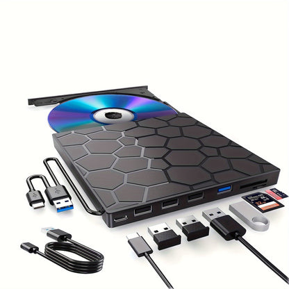 8-in-1 Ultra-Slim Portable External CD/DVD Drive – High-Speed USB 3.0 DVD Player and CD Burner for Laptop and Desktop – Compatible with Mac, Windows 11/10/8/7, Linux