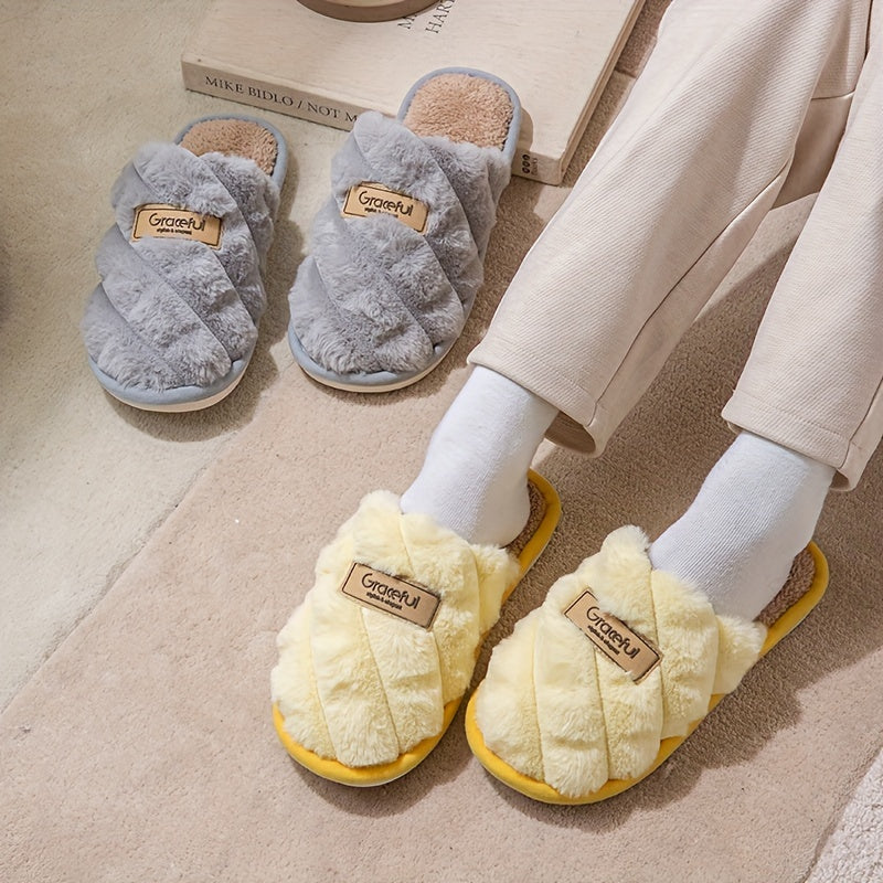 Cozy Plaid Colorblock Slippers for Men & Women - Warm, Non-Slip Indoor Shoes with Soft Faux Rabbit Fur Lining [Fast Arrival]