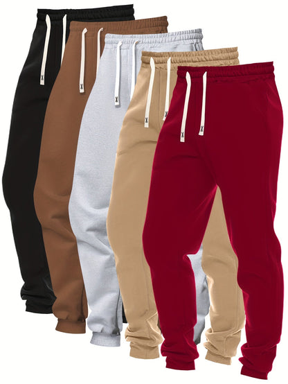5pcs Men's Solid Color Sweatpants Set: Regular Fit, Cuffed with Drawstring & Pockets, Casual Trousers for Jogging & Outdoor Sports