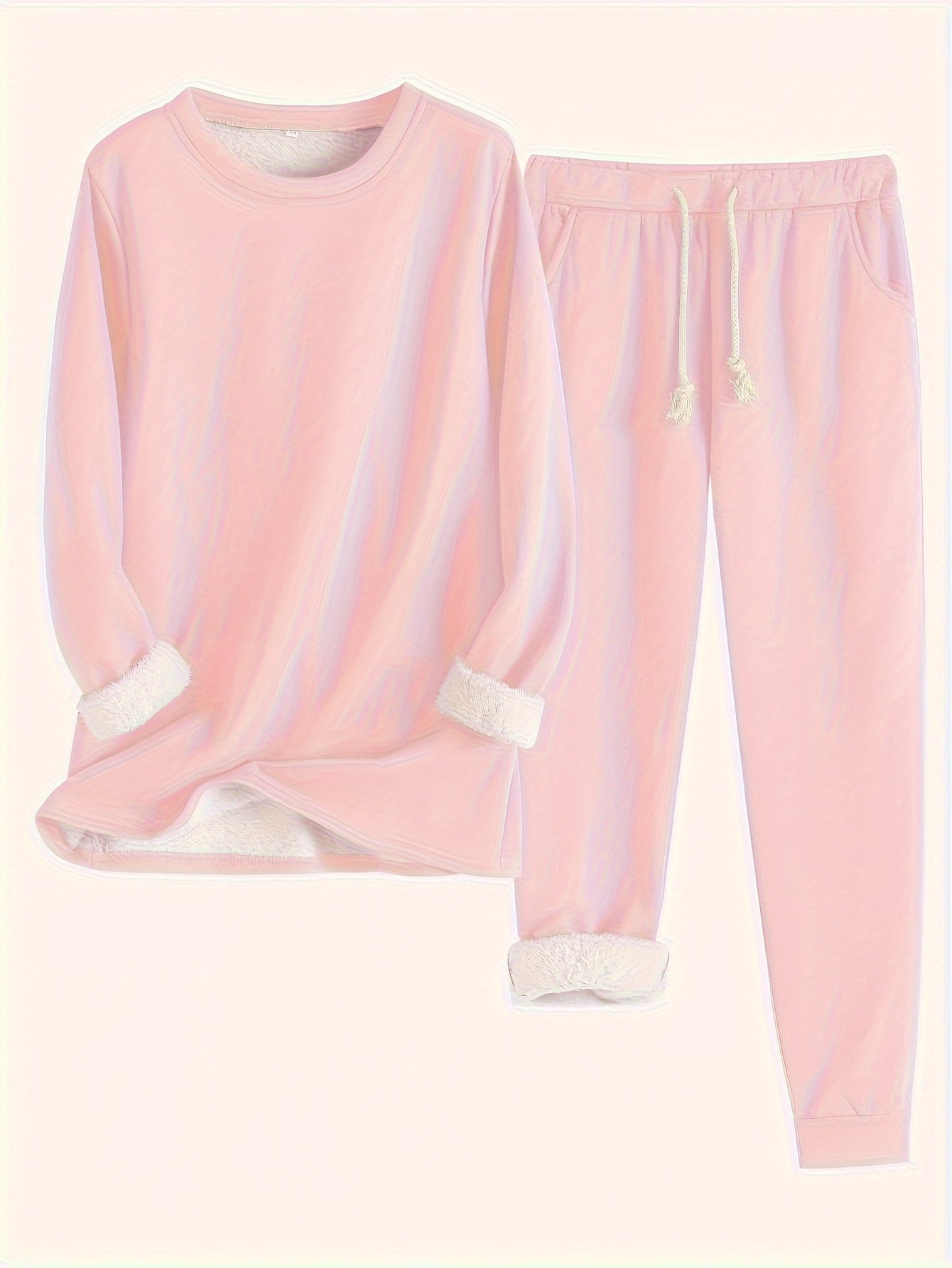 Women's Solid Color Thermal Set – Long Sleeve Sweatshirt & Drawstring Pants Outfit