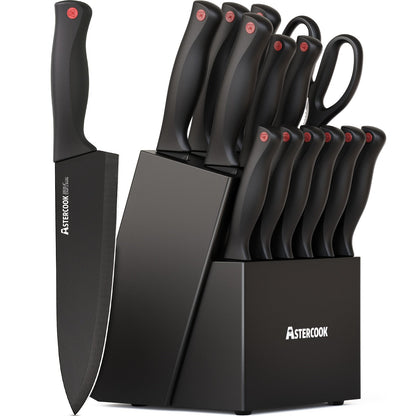 15 Piece Astercook Premium Knife Set - German Steel, Dishwasher Safe, Includes Elegant Black Block and Built-In Sharpener for Precision Cutting
