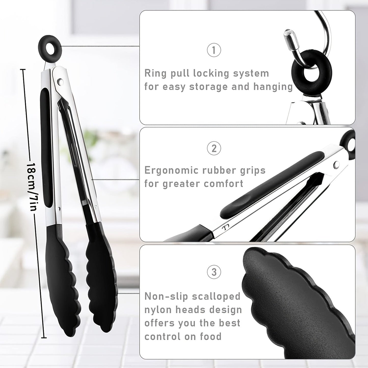 3pcs/7pcs Kitchen Tongs - 7 Inch Small Silicone Tongs with Stainless Steel Handles, Heat Resistant, Non-Stick, Locking Food Tongs for Cooking, Grilling, and Frying