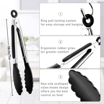 3pcs/7pcs Kitchen Tongs - 7 Inch Small Silicone Tongs with Stainless Steel Handles, Heat Resistant, Non-Stick, Locking Food Tongs for Cooking, Grilling, and Frying