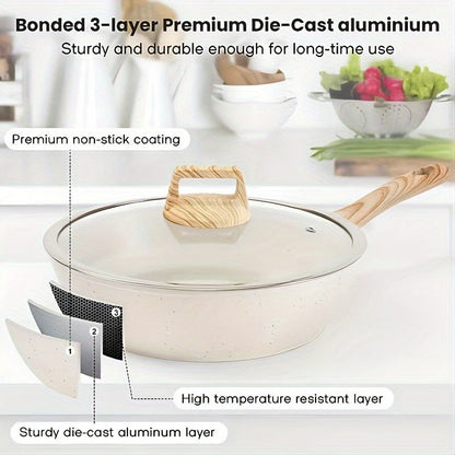 12-Piece Non-Stick Cookware Set – Induction-Ready Granite Pots & Pans, Includes Frying Pan, Steamer, Silicone Spatula, and Tongs, White