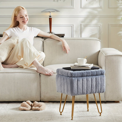 Luxurious Faux Fur Vanity Storage Ottoman Chair - Metal Legs, Flip-Top Foot Rest, Soft Padded Seat, Ample Storage