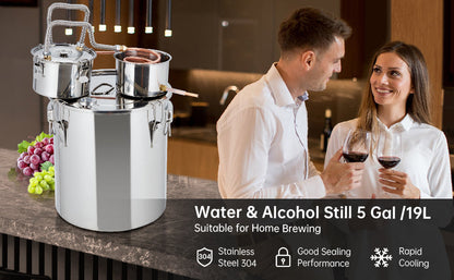 5Gal/19L Stainless Steel Water & Alcohol Distiller – Home Brewing Kit with Built-in Thermometer, Copper Tube, and Water Pump