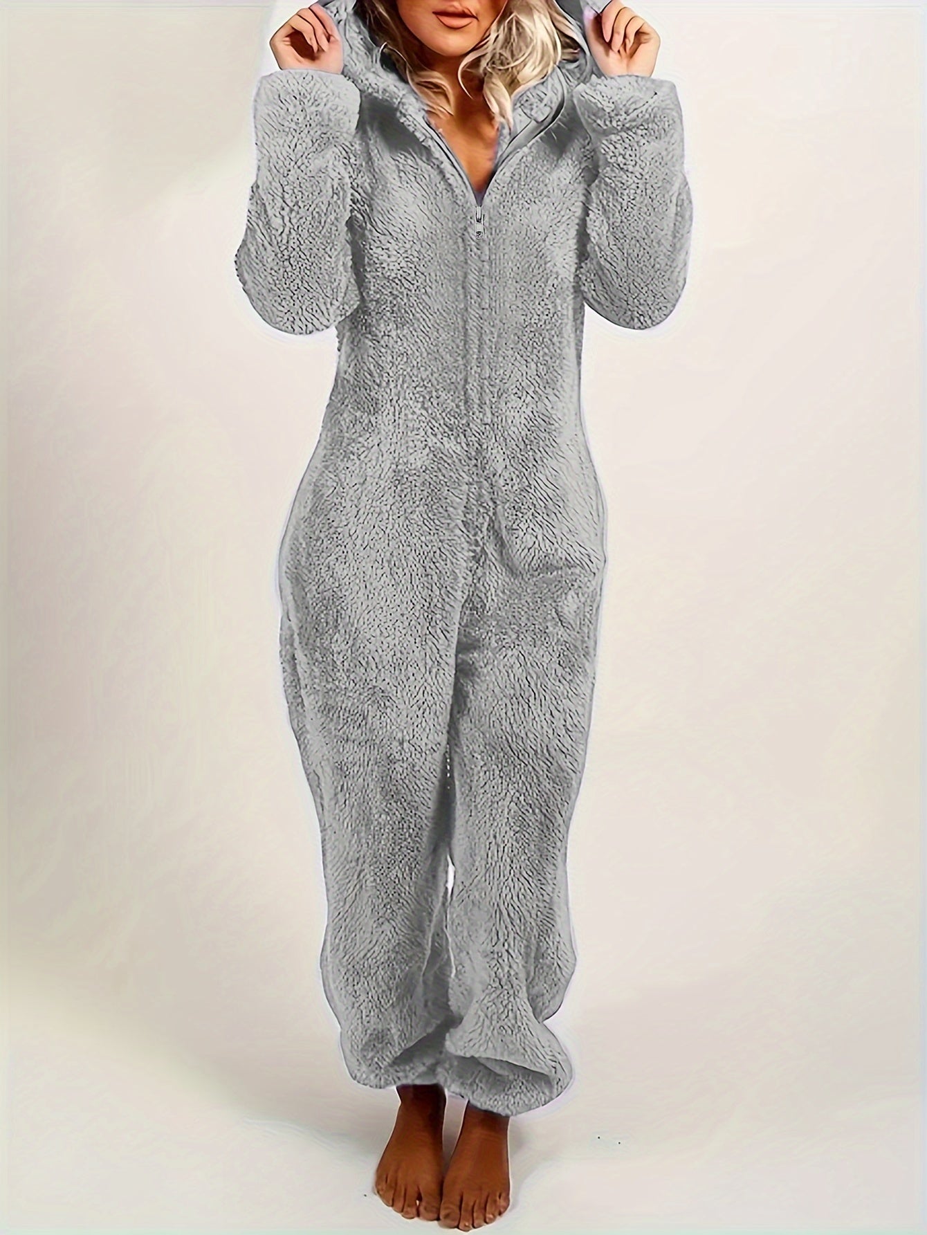 Fuzzy Hooded Pajama Jumpsuit for Music Festivals – Comfy and Cute Long Sleeve Zipper Pajamas – Women's Lingerie and Sleepwear