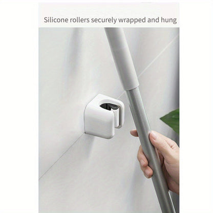 3 Pack Wall-Mounted Mop & Broom Holder – Self-Adhesive Storage Hanger for Home, Kitchen, Bathroom (White Plastic)