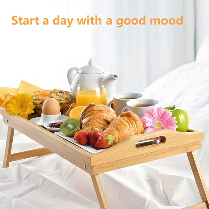 2 Pack Bamboo Bed Tray Tables with Handles – Folding Legs for Breakfast, Eating, Snacking and Working on Sofa or Bed