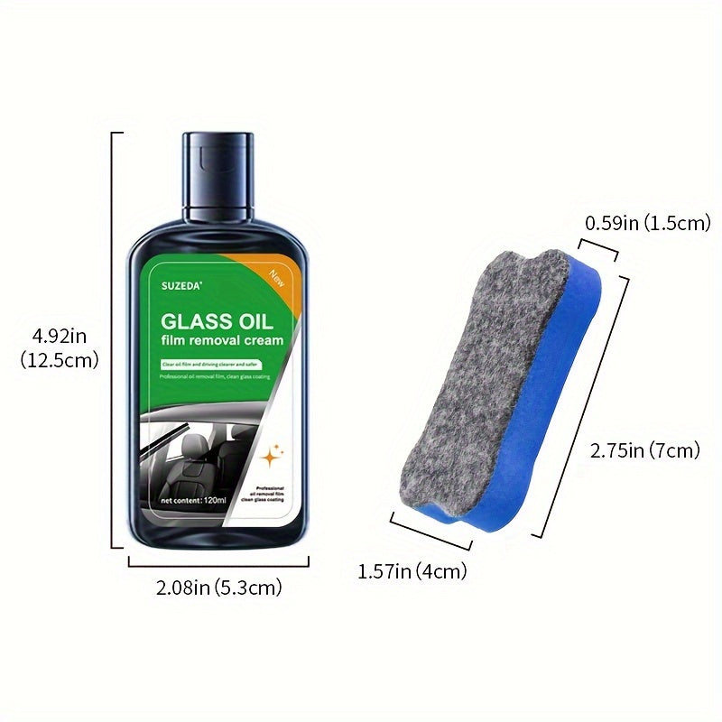 Windshield Cleaner and Oil Film Remover – Self-Dispensing Glass Cleaning Tool with Agent – Streak-Free Glossy Cleaner, Water Stain Remover for Car Windows and Mirrors – 1 Bottle (4.06oz) and 1 Sponge