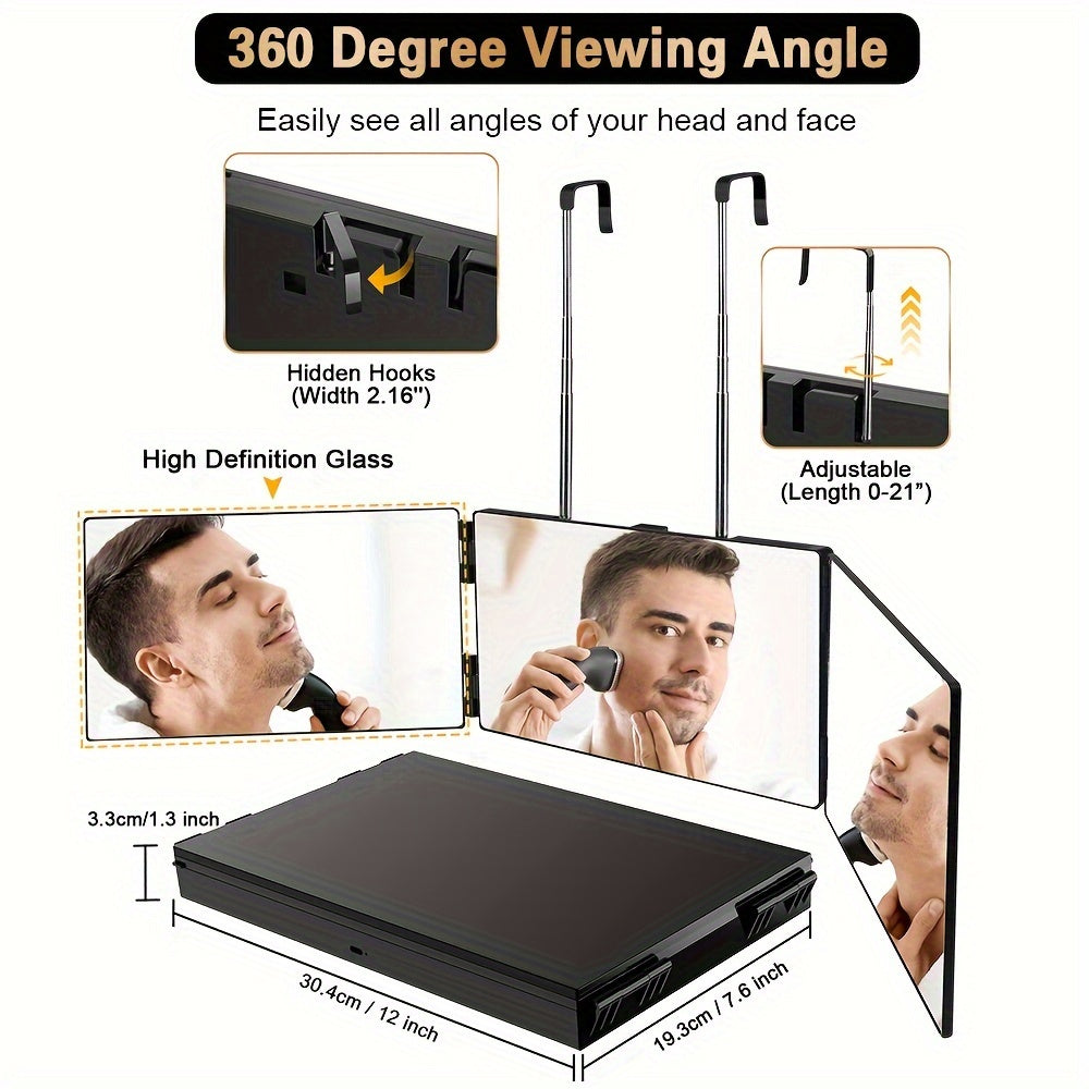 3-Way Compact Travel Mirror for Self Hair Cutting - 360° Wide Viewing Angle, Clear Anti-Fog HD Glass, Portable and Easy to Use for Men and Women