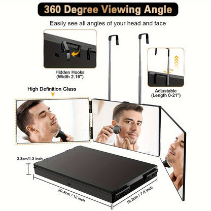 3-Way Compact Travel Mirror for Self Hair Cutting - 360° Wide Viewing Angle, Clear Anti-Fog HD Glass, Portable and Easy to Use for Men and Women