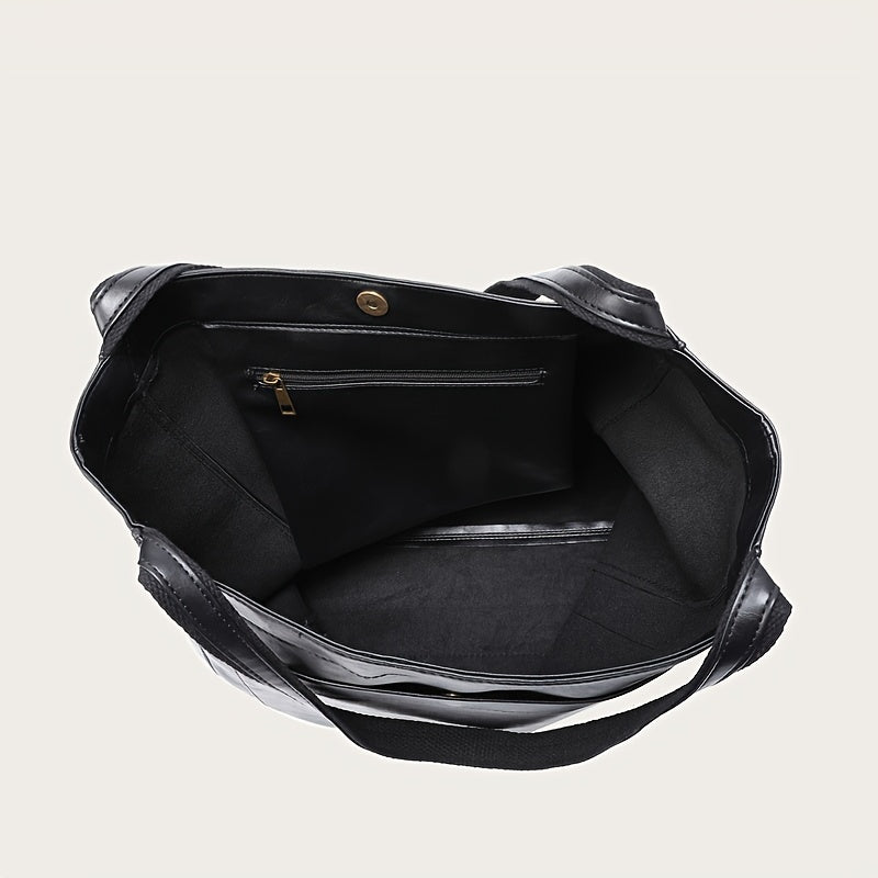 Retro Solid Color Tote Bag – Oil Leather PU Shoulder Bag, Multi-Pocket Handbag for Daily Use