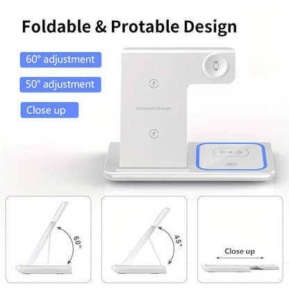 3-in-1 Wireless Charging Station: 15W Fast Mag-Safe Charger Stand with QC3.0 Adapter for iPhone 15/14/13/12/11, x 8 Pro Max/Pro/Mini/Plus, iWatch Ultra 9/8/7/6/5/4/3/2, AirPods 3/2
