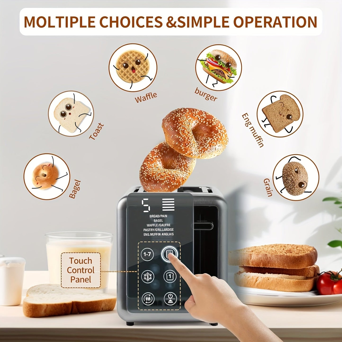 1.5 Inch 2-Slice Smart Digital Toaster - Touch Screen, 5 Bread Selections, 7 Shade Settings, Bagel/Defrost/Cancel/Reheat Functions, Removable Crumb Tray, Stainless Steel