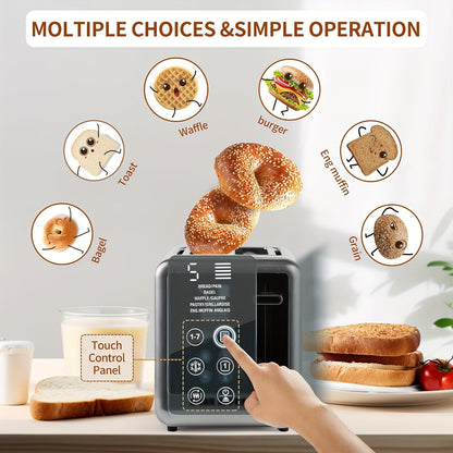 1.5 Inch 2-Slice Smart Digital Toaster - Touch Screen, 5 Bread Selections, 7 Shade Settings, Bagel/Defrost/Cancel/Reheat Functions, Removable Crumb Tray, Stainless Steel
