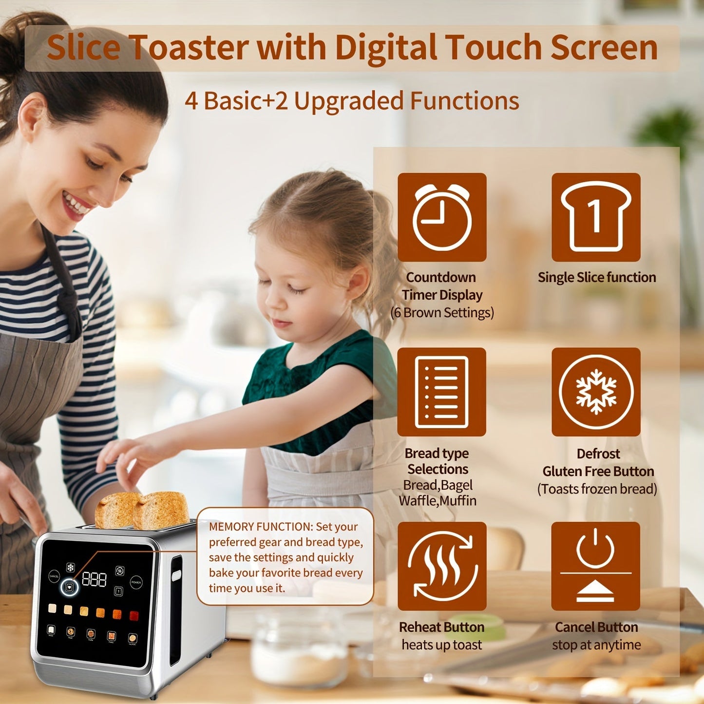 2-Slice Stainless Steel Toaster - Touch Screen Digital Timer, 6 Bread Types and Shade Settings, Bagel, Cancel, Defrost, Memory, 750W-1000W, US Plug