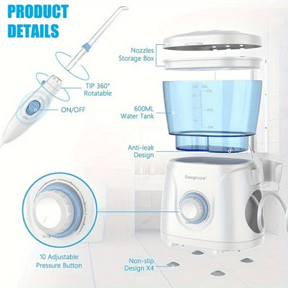 Sawgmore Water Dental Flosser - 8 Jet Tips, 10 Adjustable Pressures, 600ML Large Water Tank, Oral Irrigator for Teeth and Braces, Family Use