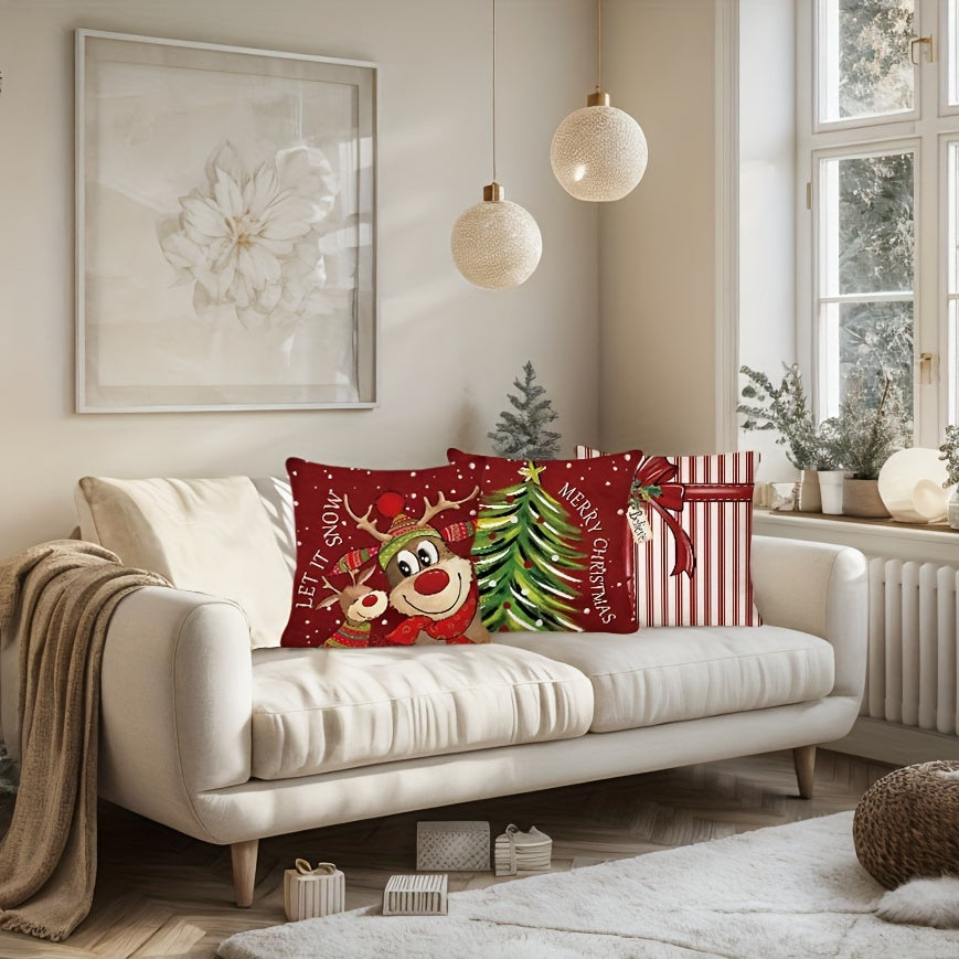 4pcs Merry Christmas Throw Pillow Covers - Cute Reindeer, Snowman & Xmas Tree Designs, Winter Holiday Farmhouse Decor, 18x18in Cushion Covers for Porch, Patio & Living Room