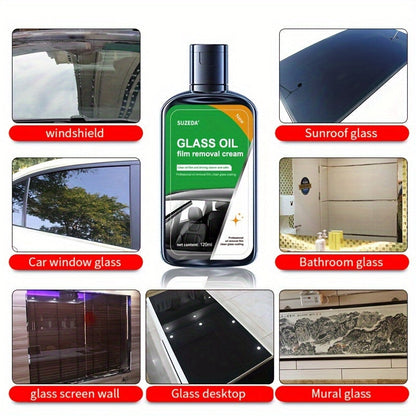 Windshield Cleaner and Oil Film Remover – Self-Dispensing Glass Cleaning Tool with Agent – Streak-Free Glossy Cleaner, Water Stain Remover for Car Windows and Mirrors – 1 Bottle (4.06oz) and 1 Sponge