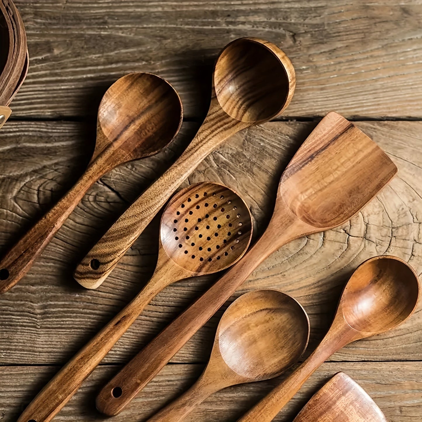 5pcs Wooden Kitchen Utensils Set – Natural Wooden Spoons, Spurtle, Ladle & Wok Spatulas for Non-Stick Pans