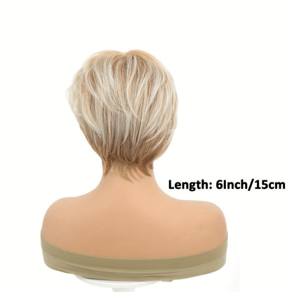 Ladies' Short Pixie Cut Wig - Blonde Straight Hair, Rose Net Cap, Synthetic Fiber, Suitable for All Ethnicities