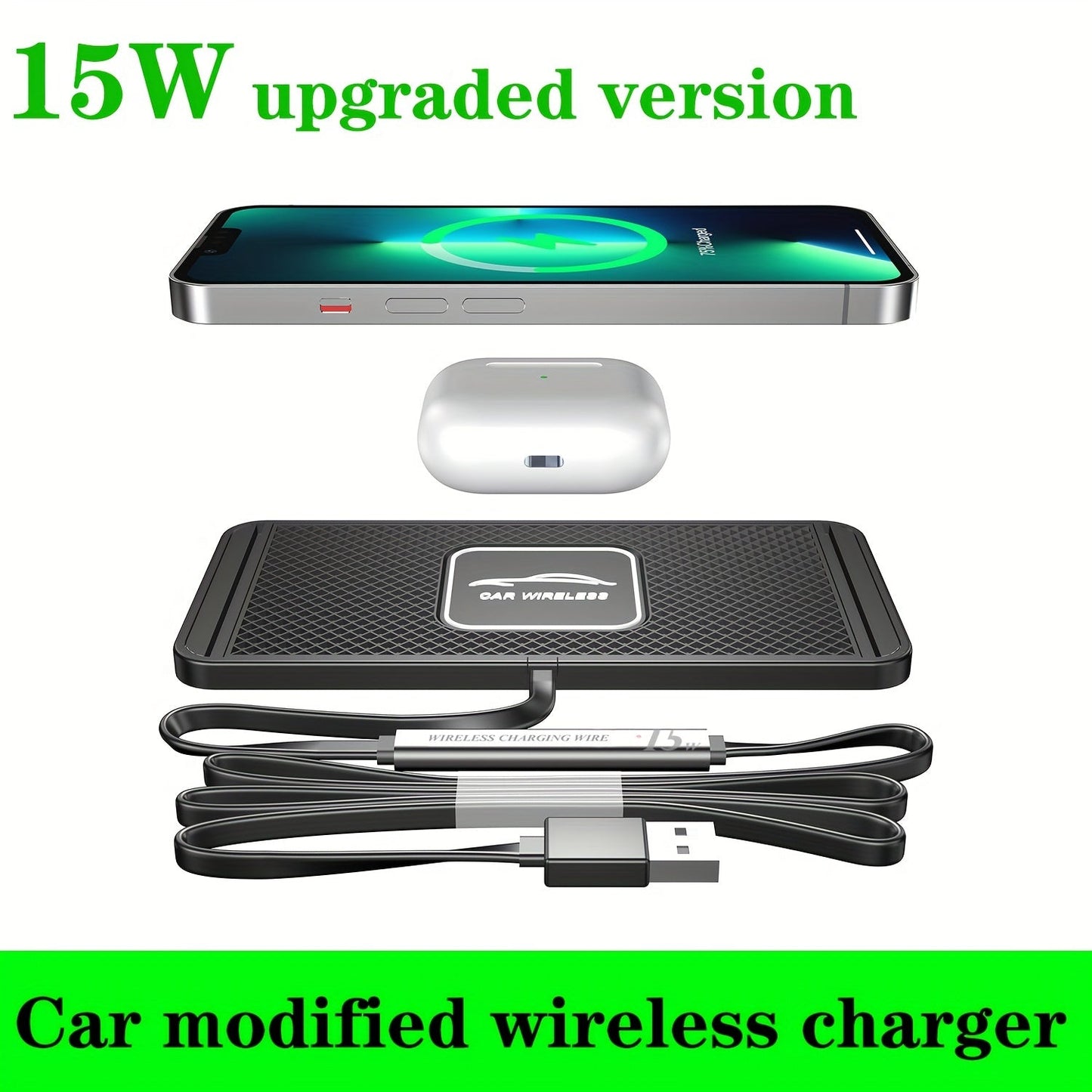 15W Fast Wireless Car Charger Pad – Non-Slip Silicone, Universal Compatibility for iPhone 14/13/12/11, Samsung – Safe and Rapid Charging Station
