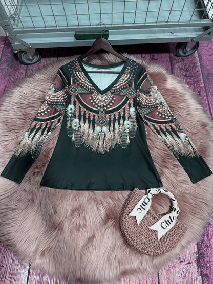 Tribal Print V-Neck T-Shirt - Casual Long Sleeve Top for Spring & Fall, Women's Clothing