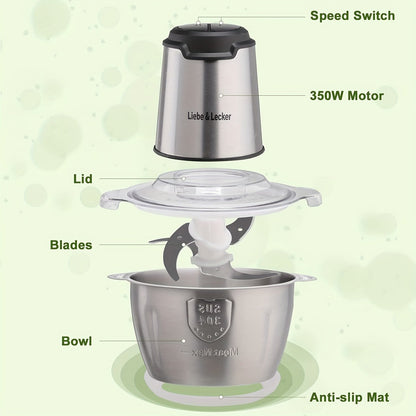2 Bowl Electric Food Processor with Meat Grinder - 8 Cup Capacity, 4 Sharp Blades for Fruits, Vegetables, Nuts & Baby Food, 2-Speed Settings