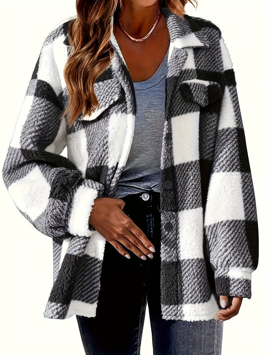Women's Plaid Button-Front Teddy Coat – Long Sleeve Thermal Winter Outwear