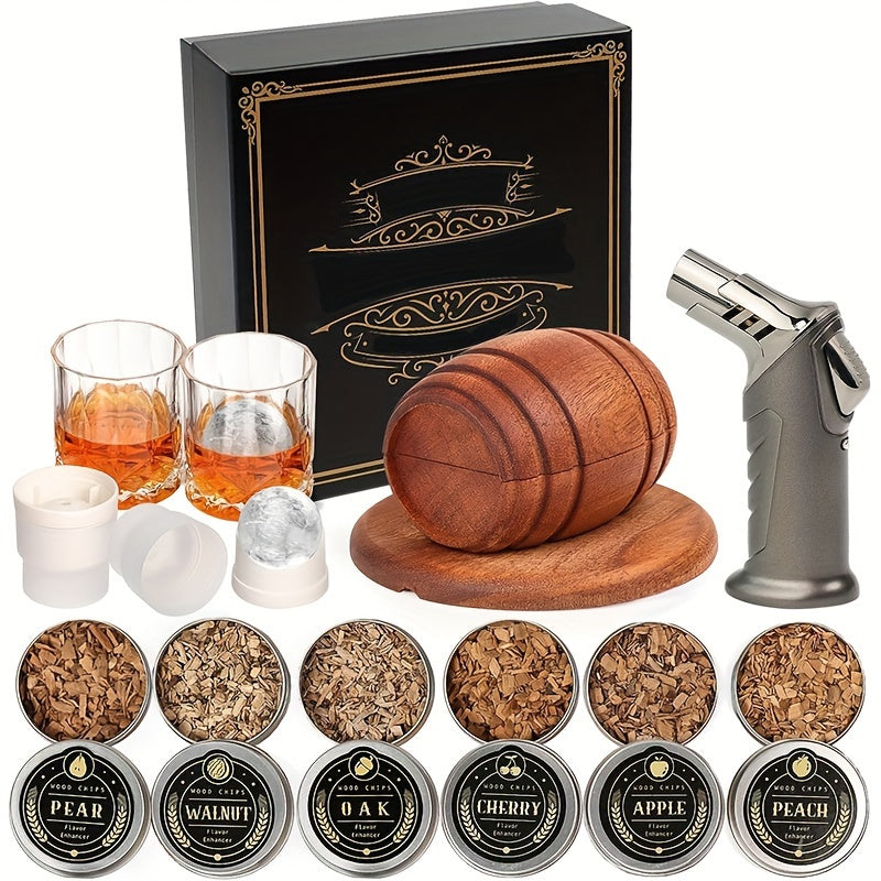 6 Flavors Wood Chips Whiskey Smoker Kit with Torch - Cocktail and Old Fashioned Drink Smoker Kit, Includes 2 Glasses, 2 Ice Ball Molds, Perfect Birthday Bourbon Gifts for Men, Dad (No Butane)