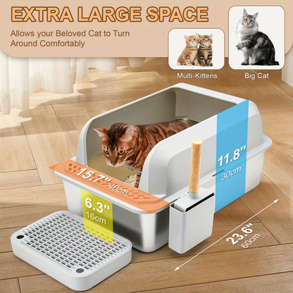Extra-Large Stainless Steel Cat Litter Box with Lid - Open-Top, High-Sided, Leak-Proof, Easy Clean, Includes Scoop, Durable ABS and Plastic, Odor-Free with Separate Base
