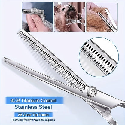 Dog Grooming Scissors Kit - Professional Pet Cleaning & Grooming Set with Safety Round Tip Stainless Steel Shears for Dogs & Cats