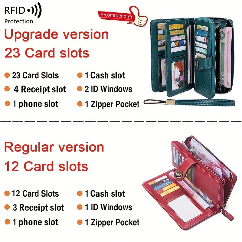 RFID Large Capacity Women's Wallet - Retro Style, Multi-Card, Solid Color with Zipper and Wrist Strap