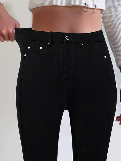 Women's High Waist Stretch Jeans - Street Style Skinny Denim Pants with Metal Button Details, Plain Black Casual Fashion