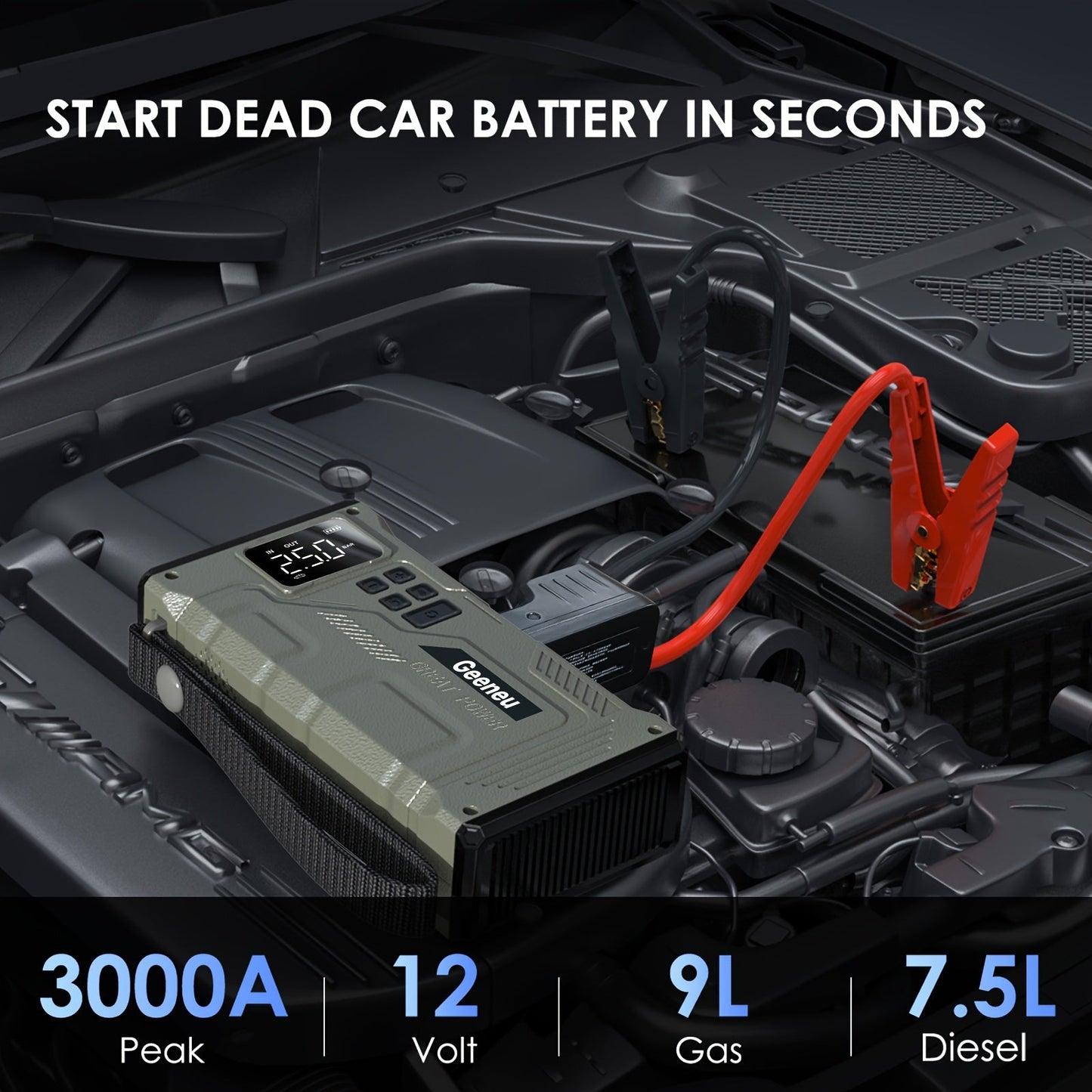 3000A Peak Car Jump Starter with Air Compressor – Portable 12V Battery Charger, 150PSI Digital Tire Inflator, QC18W Fast Charge, LED Emergency Light – Multi-Function Power Bank for 9.0L Gas/7.5L Diesel Vehicles