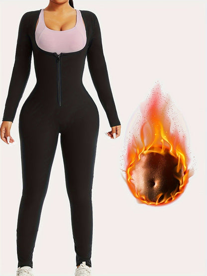 Women's Sauna Sweat Suit – Long Sleeve One-Piece Body Shaper, Thermal Workout Jumpsuit with Zipper for Running and Gym