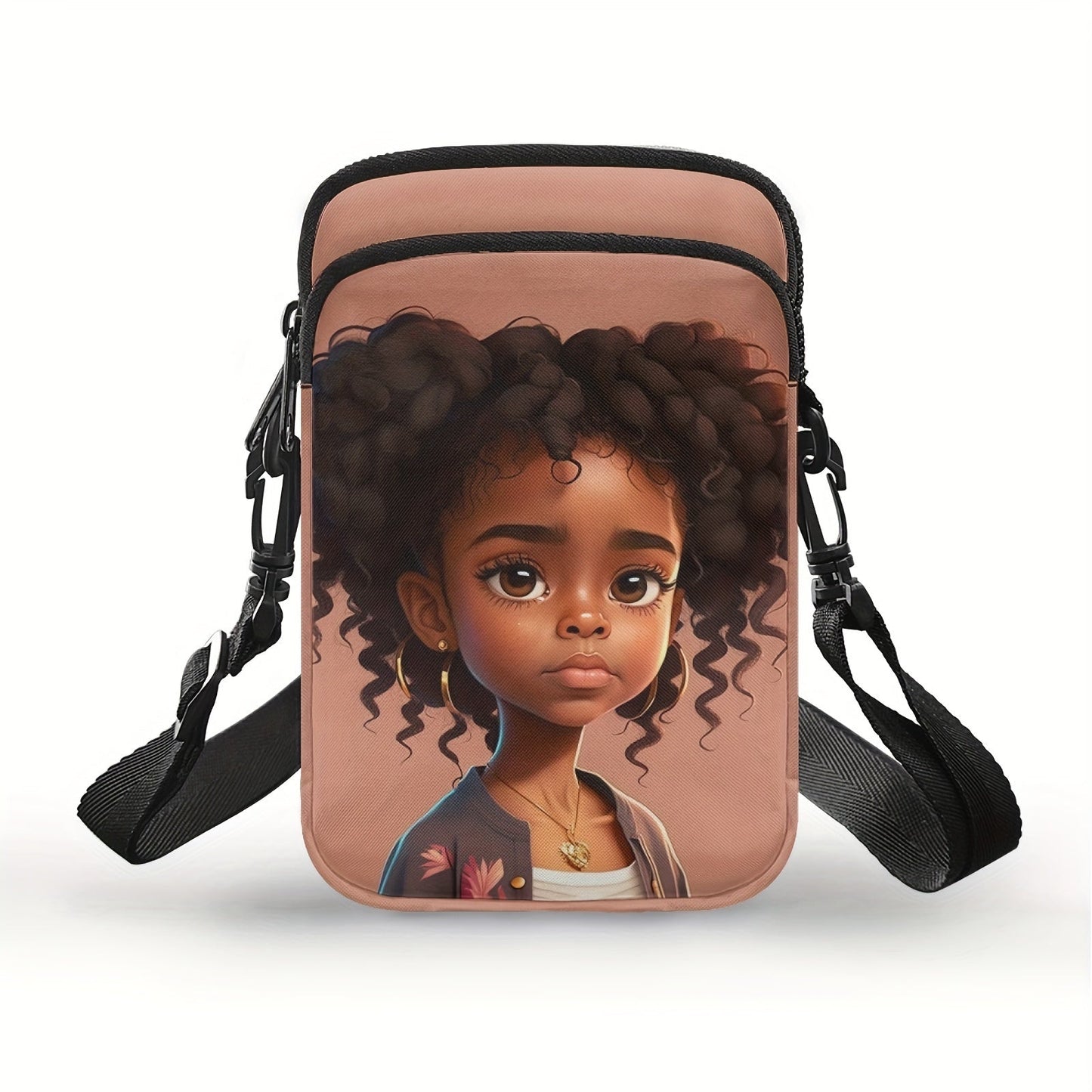 Chic African Girl Print Crossbody Bag - Trendy, Lightweight Double Layer with Adjustable Strap and Zip Closure for Daily Use