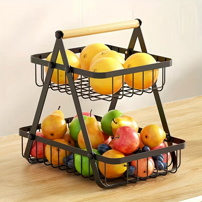 Countertop Fruit and Vegetable Basket – Removable Bowl Storage with Wooden Handle – Kitchen Preservation Holder and Accessories