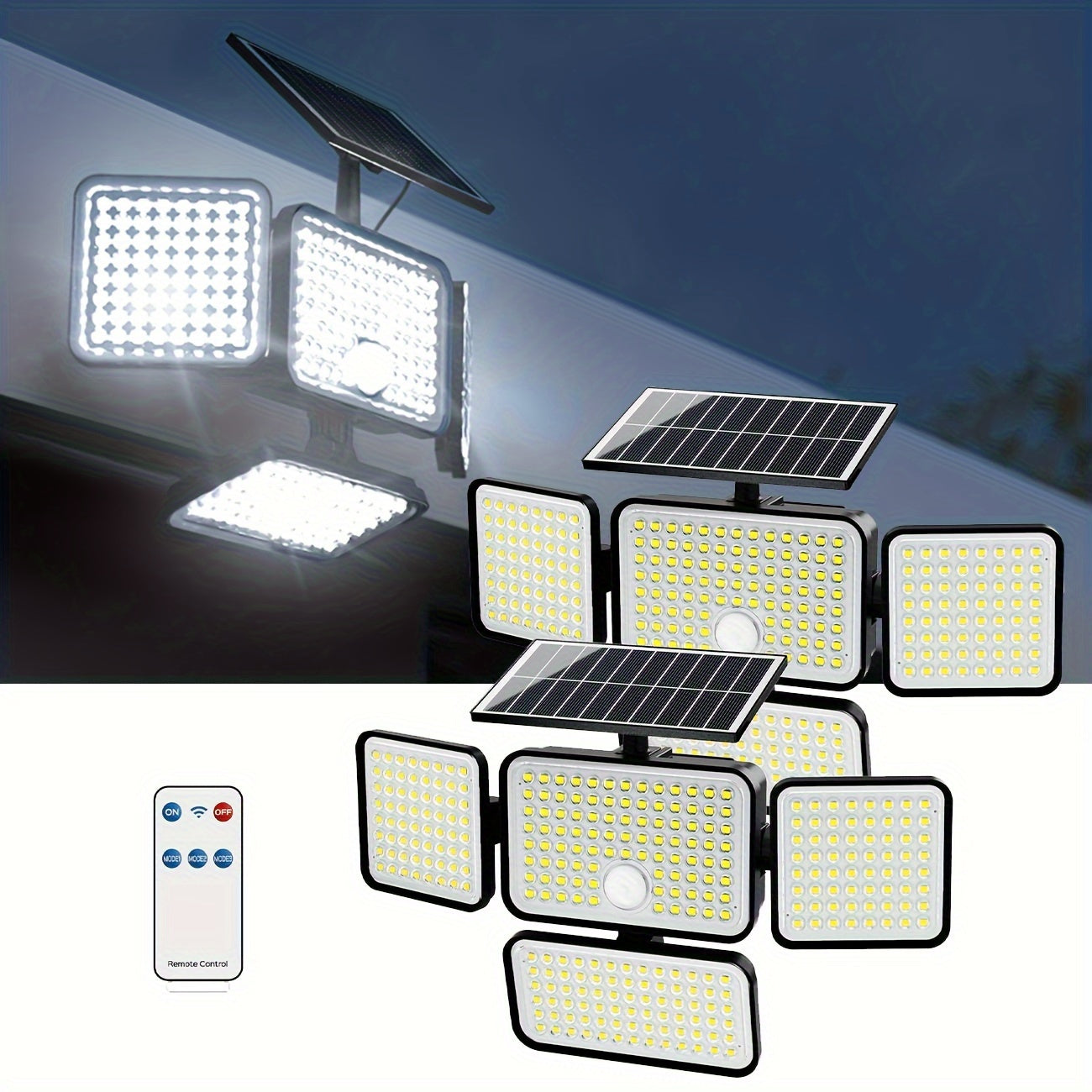 2Pcs Super Bright Solar Motion Sensor Outdoor Floodlight – 4 Adjustment Modes, Intelligent Auto Adjust, Remote Control
