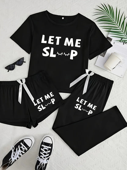 Women's 3-Piece Casual Pajama Set with Letter Print - Includes Short Sleeve Top, Long Pants and Shorts
