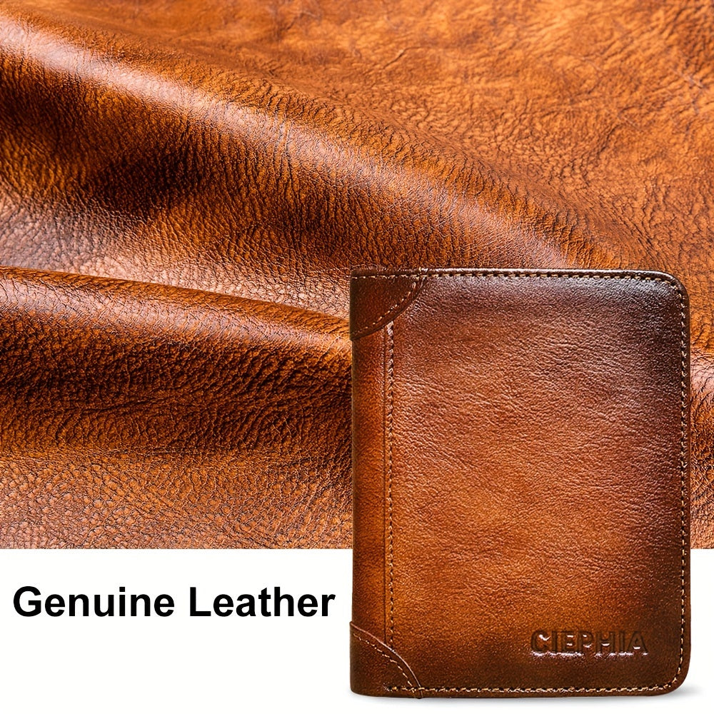 RFID Blocking Trifold Genuine Leather Wallet for Men – Vintage Cowhide, Multi-Function Credit Card Holder with Money Clip and 2 ID Windows