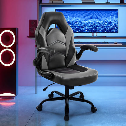 Ergonomic Gaming Chair – PU Leather Home Office Desk Chair with Lumbar Support, Height Adjustable, Big and Tall with Flip-Up Armrests and Swivel Wheels for Adults and Teens