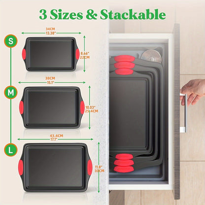 3 Pack Oven Baking Tray - Carbon Steel Non-Stick Kitchen Trays with Red Silicone Handles - Luxurious, Commercial-Grade Quality