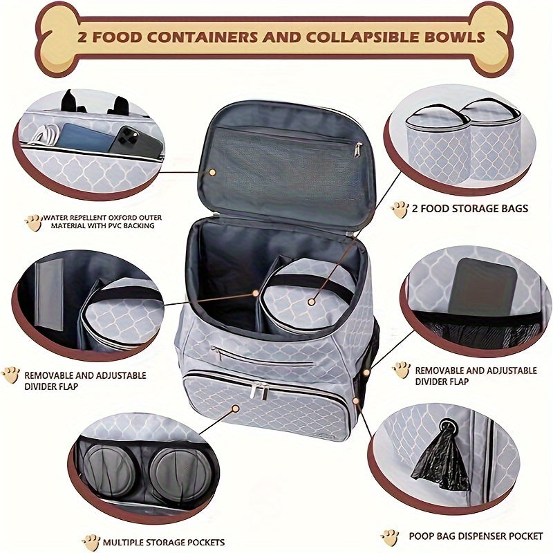 BAGLHER Dog Travel Bag Backpack – Airline Approved with 2 Silicone Collapsible Bowls and 2 Food Baskets, DLWhite
