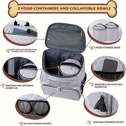 BAGLHER Dog Travel Bag Backpack – Airline Approved with 2 Silicone Collapsible Bowls and 2 Food Baskets, DLWhite