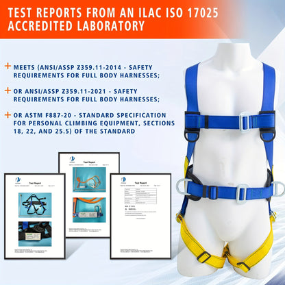OSHA/ANSI Compliant Full Body Safety Harness - Includes Internal Shock Absorbing Lanyard and Hook, Dorsal D-Ring, Mating Buckle Legs for Roofing and Construction