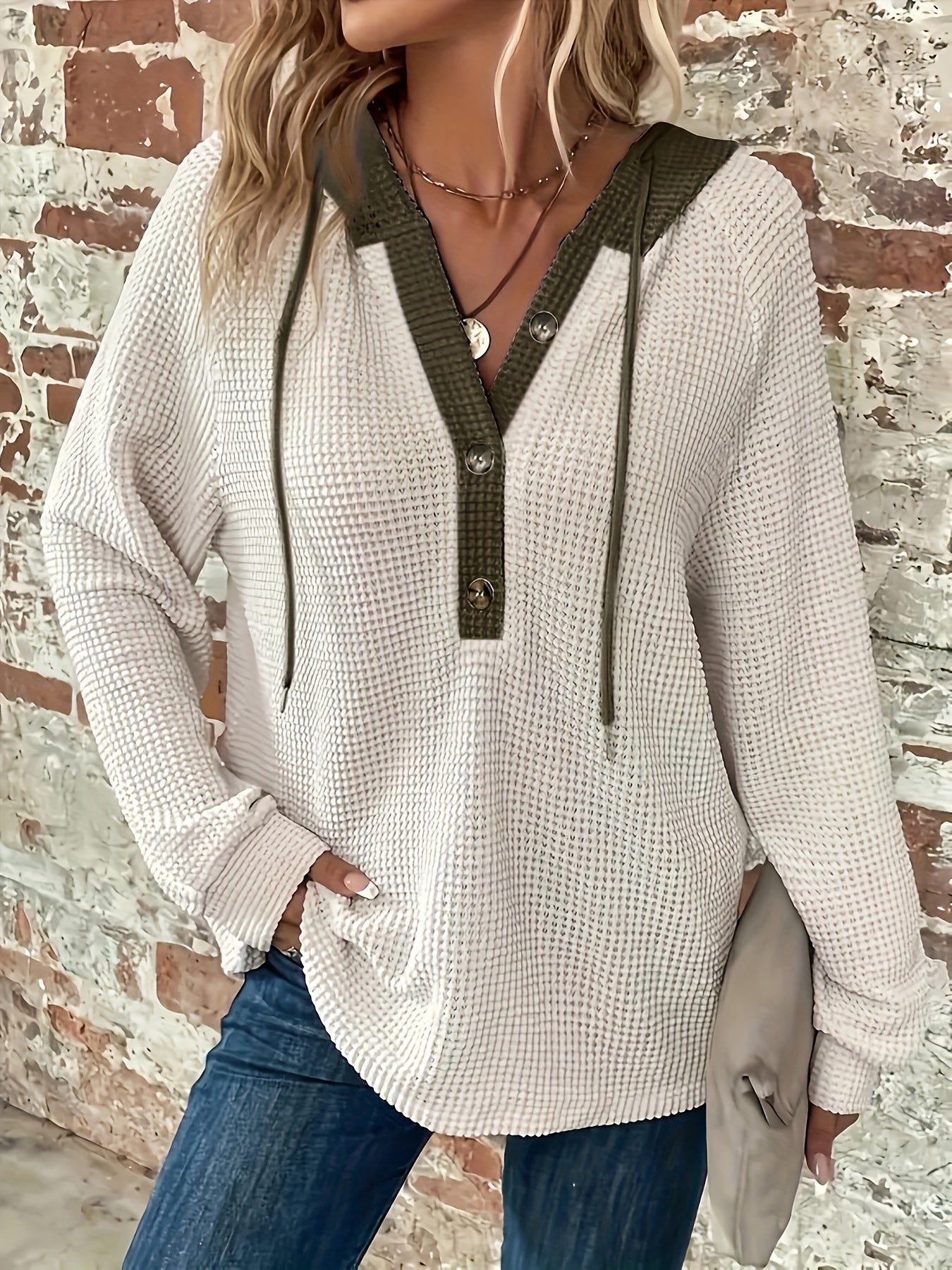 Color Block Button Front Drawstring Hoodie - Casual Long Sleeve Sweatshirt for Women